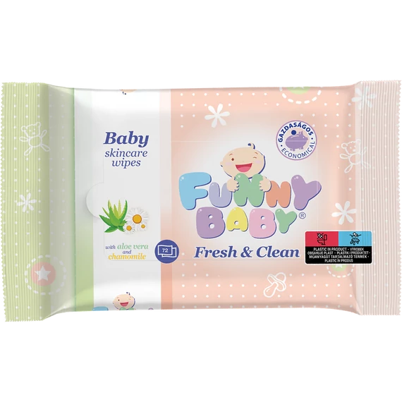 Funny Baby Fresh&Clean Baba Törlőkendő Aloe Vera és Kamilla Kivonattal 72 lap