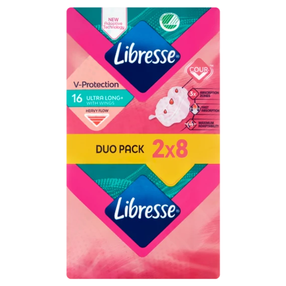 Libresse V-Protection Ultra Long+ Szárnyas Egészségügyi Betét 2x8 db