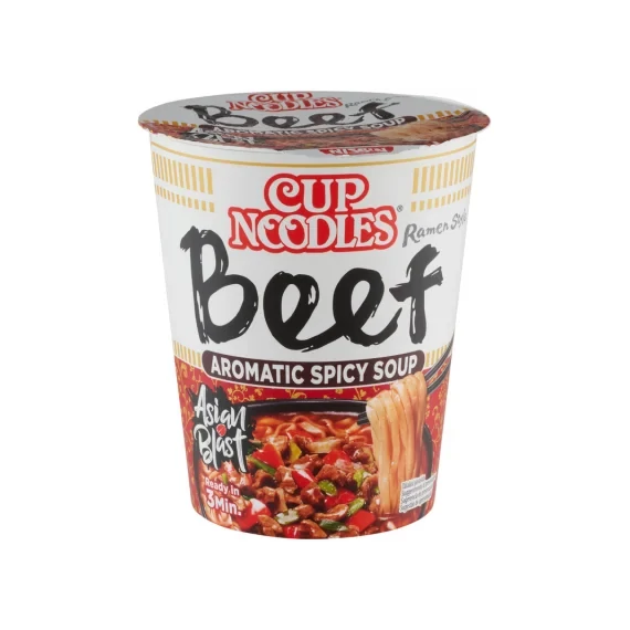 Nissin Cup Noodles Fűszeres Instant Tésztaleves Marha Ízesítéssel Ázsiai Módra 64 g