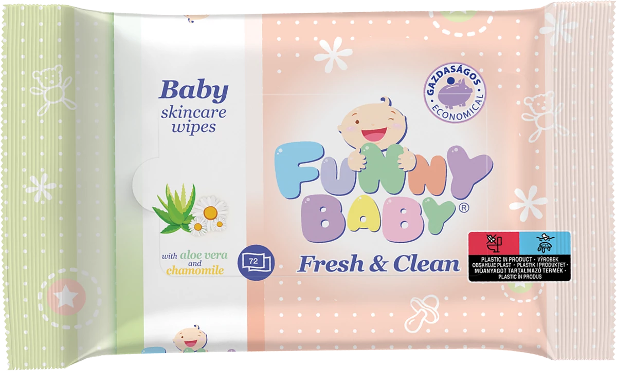 Funny Baby Fresh&Clean Baba Törlőkendő Aloe Vera és Kamilla Kivonattal 72 lap