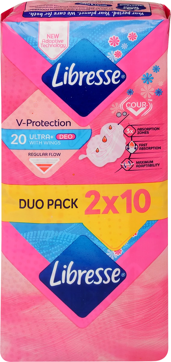 Libresse V-Protection Ultra+ Deo Enyhén Illatosított Szárnyas Egészségügyi Betét 2x10 db