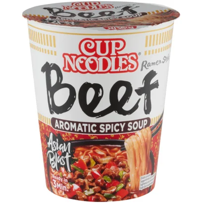 Nissin Cup Noodles Fűszeres Instant Tésztaleves Marha Ízesítéssel Ázsiai Módra 64 g