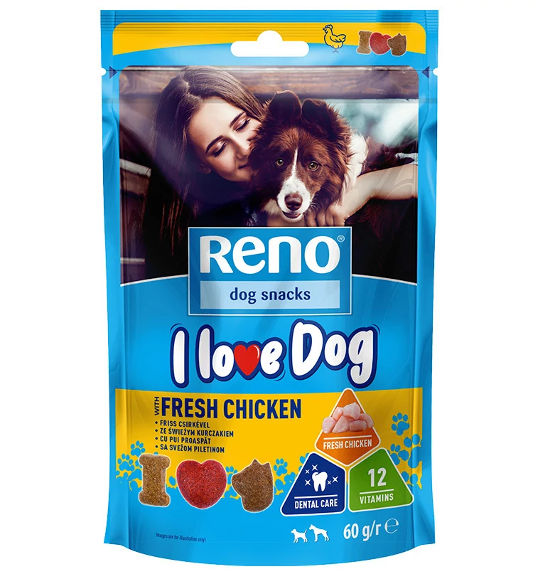 Reno I Love Dog Ropogós Jutalomfalatkák Friss Csirkével 60 g